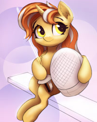 Size: 1025x1280 | Tagged: safe, artist:ahobobo, imported from derpibooru, oc, oc only, oc:cinderheart, pony, unicorn, abstract background, bench, chest fluff, cute, ear fluff, female, fencing, golden eyes, helmet, mare, sitting, solo, style emulation, sword, weapon