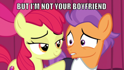 Size: 1066x600 | Tagged: safe, edit, edited screencap, editor:twi clown, imported from derpibooru, screencap, apple bloom, tender taps, earth pony, pony, on your marks, season 6, bedroom eyes, caption, colt, duo, female, filly, frown, image macro, implied tenderbloom, lidded eyes, lip bite, looking at each other, male, smiling, text, wide eyes