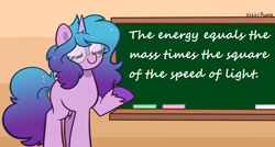 Size: 1280x686 | Tagged: safe, artist:kittyrosie, edit, imported from derpibooru, izzy moonbow, pony, unicorn, chalk, chalkboard, cute, e=mc^2, exploitable meme, g5, glasses, izzybetes, meme, signature, solo, text