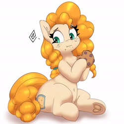 Size: 3329x3312 | Tagged: safe, artist:pabbley, imported from derpibooru, pear butter, earth pony, pony, belly button, child bearing hips, clothes, cookie, eating, female, food, freckles, frog (hoof), herbivore, high res, holding, looking down, mare, simple background, sitting, solo, underhoof, white background, wide hips