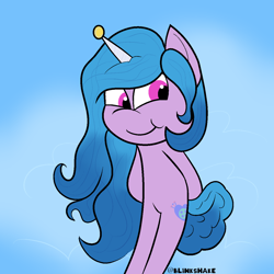 Size: 1240x1240 | Tagged: safe, artist:blinkshake, imported from derpibooru, izzy moonbow, pony, unicorn, arm behind back, ball, bipedal, chibi, cute, cutie, g5, horn, hornball, izzy's tennis ball, smiling, solo, tennis ball