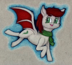 Size: 3805x3425 | Tagged: safe, artist:myzanil, imported from derpibooru, oc, oc only, oc:slumber tea, bat pony, pony, bat pony oc, cheek fluff, chest fluff, clothes, colored pencil drawing, cute, ear fluff, flying, freckles, high res, scarf, smiling, solo, traditional art