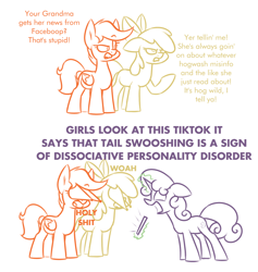 Size: 1752x1849 | Tagged: safe, artist:moonatik, imported from derpibooru, apple bloom, scootaloo, sweetie belle, earth pony, pegasus, pony, unicorn, bow, cutie mark crusaders, dialogue, facebook, female, filly, hair bow, hypocrisy, hypocritical humor, implied granny smith, magic, phone, sketch, text, tiktok, vulgar