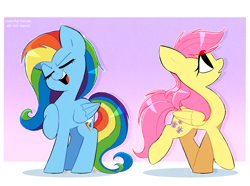 Size: 3142x2338 | Tagged: safe, artist:syrupyyy, imported from derpibooru, part of a set, fluttershy, rainbow dash, pegasus, pony, alternate hairstyle, cute, dashabetes, duo, eyes closed, female, gradient background, high res, mane swap, mare, open mouth, open smile, raised hoof, redraw, shyabetes, smiling, tail swap