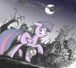 Size: 884x796 | Tagged: safe, artist:yewdee, imported from derpibooru, spike, twilight sparkle, alicorn, dragon, pony, 2019, butt, floppy ears, moon, night, plot, ruins, tree, twilight sparkle (alicorn)