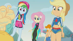 Size: 3410x1920 | Tagged: safe, imported from derpibooru, screencap, applejack, fluttershy, rainbow dash, zephyr breeze, blue crushed, equestria girls, equestria girls series, applejack's hat, belly button, bikini, clothes, cowboy hat, female, fluttershy's wetsuit, geode of fauna, geode of super speed, geode of super strength, hairpin, hat, high res, jewelry, magical geodes, male, midriff, necklace, sleeveless, swimming trunks, swimsuit, wet hair, wetsuit