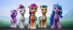 Size: 4095x1715 | Tagged: safe, imported from derpibooru, screencap, hitch trailblazer, izzy moonbow, pipp petals, sunny starscout, zipp storm, earth pony, pegasus, pony, unicorn, spoiler:my little pony: a new generation, 3d, bag, belt, female, floppy ears, g5, grass, male, mane five (g5), mare, markings, my little pony: a new generation, siblings, sisters, stallion, unshorn fetlocks