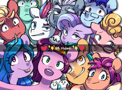 Size: 2730x2016 | Tagged: safe, artist:chub-wub, imported from derpibooru, hitch trailblazer, izzy moonbow, pipp petals, queen haven, sprout cloverleaf, sunny starscout, zipp storm, bird, crab, earth pony, pegasus, pony, seagull, unicorn, :p, alphabittle blossomforth, argyle starshine, critter magnet, cute, father and child, father and daughter, female, g5, glasses, grin, high res, hug, male, mane five (g5), mare, markings, mother and child, mother and daughter, new mane six (g5), open mouth, phyllis cloverleaf, selfie, siblings, sisters, smiling, stallion, thunder flap, tongue out, unshorn fetlocks