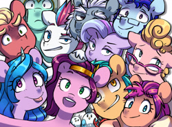 Size: 2730x2016 | Tagged: safe, alternate version, artist:chub-wub, imported from derpibooru, hitch trailblazer, izzy moonbow, pipp petals, queen haven, sprout cloverleaf, sunny starscout, zipp storm, bird, crab, earth pony, pegasus, pony, seagull, unicorn, :p, alphabittle blossomforth, argyle starshine, critter magnet, cute, father and child, father and daughter, female, g5, glasses, grin, high res, hug, male, mane five (g5), mare, markings, mother and child, mother and daughter, new mane six (g5), phyllis cloverleaf, selfie, siblings, sisters, smiling, stallion, thunder flap, tongue out, unshorn fetlocks