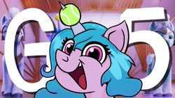 Size: 1280x720 | Tagged: safe, artist:fraciss, imported from derpibooru, izzy moonbow, pony, ball, g5, izzy's tennis ball, looking at you, open mouth, solo, tennis ball