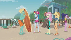 Size: 3410x1920 | Tagged: safe, imported from derpibooru, screencap, applejack, fluttershy, gladys, rainbow dash, zephyr breeze, blue crushed, equestria girls, equestria girls series, applejack's hat, barefoot, beach, cap, clothes, cowboy hat, crossed arms, feet, female, fluttershy's wetsuit, geode of fauna, geode of super speed, geode of super strength, hand on hip, hat, high res, jewelry, magical geodes, male, man bun, midriff, necklace, sandals, sleeveless, smiling, surfboard, swimming trunks, swimsuit, wetsuit