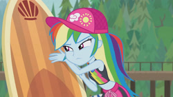 Size: 3410x1920 | Tagged: safe, imported from derpibooru, screencap, gladys, rainbow dash, blue crushed, equestria girls, equestria girls series, beach, belly button, cap, clothes, female, geode of super speed, hat, he doesn't deserve you, high res, jewelry, magical geodes, necklace, sleeveless, solo, surfboard, swimming trunks, swimsuit