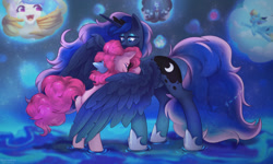 Size: 1280x768 | Tagged: safe, artist:blueomlette, imported from derpibooru, pinkie pie, princess celestia, princess luna, rainbow dash, rarity, alicorn, anthro, earth pony, pegasus, unicorn, bedroom eyes, butt, commission, crown, digital art, duo focus, ethereal mane, eyes closed, horn, hug, jewelry, plot, raised tail, rear view, regalia, spread wings, starry mane, starry tail, tail, winghug, wings, ych result