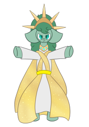 Size: 1399x1999 | Tagged: safe, artist:derpy_the_duck, imported from derpibooru, oc, oc only, oc:the mother, earth pony, semi-anthro, arms in the air, bipedal, cape, clothes, crown, goddess, jewelry, regalia, simple background, solo, transparent background