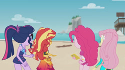 Size: 3410x1920 | Tagged: safe, imported from derpibooru, screencap, fluttershy, pinkie pie, sci-twi, sunset shimmer, twilight sparkle, equestria girls, equestria girls series, unsolved selfie mysteries, bare shoulders, beach, cellphone, clothes, female, fluttershy's wetsuit, geode of sugar bombs, geode of telekinesis, glasses, hairpin, high res, jewelry, magical geodes, necklace, one-piece swimsuit, phone, pinkie pie swimsuit, ponytail, sci-twi swimsuit, sleeveless, smartphone, swimsuit, water, wetsuit