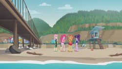 Size: 3410x1920 | Tagged: safe, imported from derpibooru, screencap, fluttershy, pinkie pie, sci-twi, sunset shimmer, timber spruce, twilight sparkle, equestria girls, equestria girls series, unsolved selfie mysteries, bare shoulders, beach, cellphone, clothes, female, geode of fauna, geode of sugar bombs, glasses, hairpin, high res, jewelry, magical geodes, male, necklace, one-piece swimsuit, open mouth, phone, pinkie pie swimsuit, ponytail, sandals, sci-twi swimsuit, sleeveless, smartphone, swimsuit, water, wetsuit
