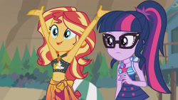 Size: 3410x1920 | Tagged: safe, imported from derpibooru, screencap, sci-twi, sunset shimmer, twilight sparkle, equestria girls, equestria girls series, unsolved selfie mysteries, armpits, bare shoulders, belly button, clothes, cute, female, geode of empathy, geode of telekinesis, glasses, high res, jewelry, magical geodes, necklace, one-piece swimsuit, open mouth, ponytail, shimmerbetes, sleeveless, swimsuit