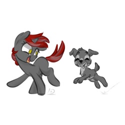 Size: 900x900 | Tagged: safe, artist:jen-neigh, imported from derpibooru, oc, oc only, oc:wick, oc:willow wisp, dog, pony, unicorn, fallout equestria: of shadows, female, filly, freckles, miniature schnauzer, playing, puppy
