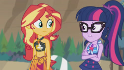 Size: 3410x1920 | Tagged: safe, imported from derpibooru, screencap, sci-twi, sunset shimmer, twilight sparkle, equestria girls, equestria girls series, unsolved selfie mysteries, armpits, bare shoulders, belly button, clothes, crossed arms, female, geode of empathy, geode of telekinesis, glasses, high res, jewelry, magical geodes, necklace, one-piece swimsuit, open mouth, ponytail, sleeveless, swimsuit