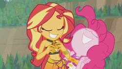Size: 3410x1920 | Tagged: safe, imported from derpibooru, screencap, pinkie pie, sunset shimmer, equestria girls, equestria girls series, unsolved selfie mysteries, bare shoulders, belly button, clothes, eyes closed, female, geode of empathy, geode of sugar bombs, grin, high res, jewelry, magical geodes, necklace, nose in the air, one-piece swimsuit, sleeveless, smiling, swimsuit