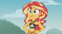 Size: 3410x1920 | Tagged: safe, imported from derpibooru, screencap, sunset shimmer, equestria girls, equestria girls series, unsolved selfie mysteries, bare shoulders, belly button, cute, female, geode of empathy, high res, jewelry, magical geodes, necklace, open mouth, shimmerbetes, sleeveless, solo