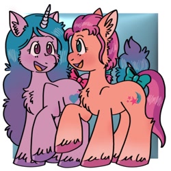 Size: 768x768 | Tagged: safe, artist:groovydogz, imported from derpibooru, izzy moonbow, sunny starscout, earth pony, pony, unicorn, bow, chest fluff, cute, duo, female, g5, looking at each other, mare, raised hoof, tail, tail bow, talking, unshorn fetlocks