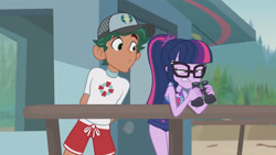 Size: 3410x1920 | Tagged: safe, imported from derpibooru, screencap, sci-twi, timber spruce, twilight sparkle, equestria girls, equestria girls series, unsolved selfie mysteries, bare shoulders, clothes, female, geode of telekinesis, glasses, high res, jewelry, lifeguard timber, magical geodes, male, necklace, one-piece swimsuit, ponytail, sleeveless, swimsuit