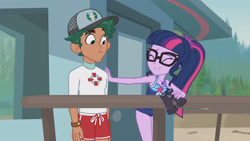 Size: 3410x1920 | Tagged: safe, imported from derpibooru, screencap, sci-twi, timber spruce, twilight sparkle, equestria girls, equestria girls series, unsolved selfie mysteries, bare shoulders, clothes, eyes closed, female, geode of telekinesis, glasses, high res, jewelry, lifeguard timber, magical geodes, male, necklace, one-piece swimsuit, ponytail, sleeveless, smiling, swimsuit