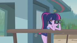 Size: 3410x1920 | Tagged: safe, imported from derpibooru, screencap, sci-twi, twilight sparkle, equestria girls, equestria girls series, unsolved selfie mysteries, bare shoulders, clothes, female, glasses, high res, one-piece swimsuit, ponytail, sleeveless, smiling, solo, swimsuit