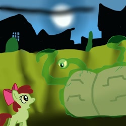 Size: 600x600 | Tagged: safe, artist:kushina13, imported from derpibooru, apple bloom, earth pony, pony, brain eating meteor, brains!, crater, crossover, duo, female, filly, full moon, house, looking at each other, moon, night, open mouth, outdoors, tentacles, the grim adventures of billy and mandy