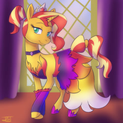 Size: 1280x1280 | Tagged: safe, artist:jitterbugjive, imported from derpibooru, sunset shimmer, pony, unicorn, equestria girls, arm warmers, choker, clothes, crown, dress, female, hoof shoes, jewelry, lidded eyes, mare, ponytail, regalia, smiling, solo