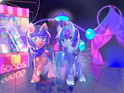 Size: 4000x3000 | Tagged: safe, artist:plasma fall, artist:plasmafall, imported from derpibooru, oc, oc only, earth pony, pony, unicorn, arcade, clothes, commission, duo, female, headphones, mare, neon, open mouth, roller coaster, smiling, tent