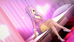 Size: 1920x1080 | Tagged: safe, artist:ratachu666, imported from derpibooru, fluttershy, equestria girls, 3d, bed, breasts, busty fluttershy, cleavage, clothes, crossed legs, female, fishnets, hat, koikatsu, looking at you, nurse, nurse hat, nurse outfit, one eye closed, pillow, sitting, skirt, smiling, syringe, wink, winking at you