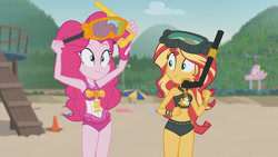 Size: 3410x1920 | Tagged: safe, imported from derpibooru, screencap, pinkie pie, sunset shimmer, equestria girls, equestria girls series, unsolved selfie mysteries, bare shoulders, beach, beach shorts swimsuit, belly button, clothes, dive mask, female, geode of empathy, geode of sugar bombs, goggles, high res, jewelry, magical geodes, necklace, one-piece swimsuit, pinkie pie swimsuit, sleeveless, smiling, sunset shimmer's beach shorts swimsuit, swimsuit