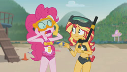 Size: 3410x1920 | Tagged: safe, imported from derpibooru, screencap, pinkie pie, sunset shimmer, equestria girls, equestria girls series, unsolved selfie mysteries, bare shoulders, beach, beach shorts swimsuit, belly button, clothes, dive mask, female, geode of empathy, geode of sugar bombs, goggles, high res, jewelry, magical geodes, necklace, one-piece swimsuit, open mouth, pinkie pie swimsuit, sleeveless, sunset shimmer's beach shorts swimsuit, swimsuit