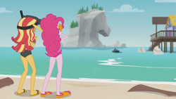 Size: 3410x1920 | Tagged: safe, imported from derpibooru, screencap, pinkie pie, sunset shimmer, equestria girls, equestria girls series, unsolved selfie mysteries, beach, beach shorts swimsuit, clothes, dive mask, female, goggles, high res, one-piece swimsuit, pinkie pie swimsuit, sandals, sunset shimmer's beach shorts swimsuit, swimsuit