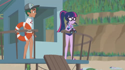 Size: 3410x1920 | Tagged: safe, imported from derpibooru, screencap, sci-twi, timber spruce, twilight sparkle, equestria girls, equestria girls series, unsolved selfie mysteries, bare shoulders, barefoot, beach, clothes, feet, female, geode of telekinesis, glasses, high res, jewelry, lifeguard timber, magical geodes, male, necklace, one-piece swimsuit, ponytail, sandals, sleeveless, swimsuit