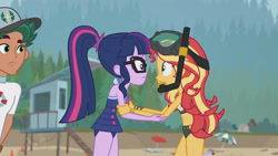 Size: 3410x1920 | Tagged: safe, imported from derpibooru, screencap, sci-twi, sunset shimmer, timber spruce, twilight sparkle, equestria girls, equestria girls series, unsolved selfie mysteries, bare shoulders, beach, beach shorts swimsuit, clothes, dive mask, female, geode of telekinesis, glasses, goggles, high res, jewelry, lifeguard timber, magical geodes, male, necklace, one-piece swimsuit, open mouth, ponytail, sleeveless, sunset shimmer's beach shorts swimsuit, swimsuit, trio