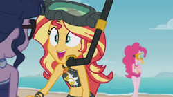 Size: 3410x1920 | Tagged: safe, imported from derpibooru, screencap, pinkie pie, sci-twi, sunset shimmer, twilight sparkle, equestria girls, equestria girls series, unsolved selfie mysteries, bare shoulders, beach, beach shorts swimsuit, belly button, clothes, dive mask, female, geode of empathy, glasses, goggles, high res, jewelry, magical geodes, necklace, one-piece swimsuit, open mouth, pinkie pie swimsuit, ponytail, sleeveless, sunset shimmer's beach shorts swimsuit, swimsuit