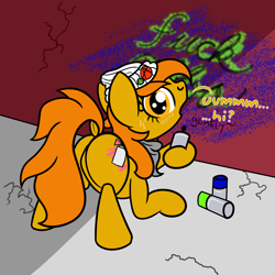 Size: 2000x2000 | Tagged: safe, artist:dafiltafish, imported from derpibooru, oc, oc:riot charge, earth pony, pony, blushing, butt, cans, graffiti, high res, plot, sweat, text