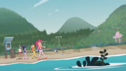 Size: 3410x1920 | Tagged: safe, imported from derpibooru, screencap, pinkie pie, sci-twi, sunset shimmer, timber spruce, twilight sparkle, equestria girls, equestria girls series, unsolved selfie mysteries, bare shoulders, beach, beach shorts swimsuit, clothes, eyes closed, female, geode of empathy, geode of sugar bombs, geode of telekinesis, glasses, goggles, high res, jewelry, lifeguard timber, magical geodes, male, necklace, one-piece swimsuit, open mouth, pinkie pie swimsuit, ponytail, sandals, sci-twi swimsuit, sleeveless, sunset shimmer's beach shorts swimsuit, swimsuit