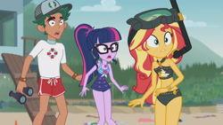 Size: 3410x1920 | Tagged: safe, imported from derpibooru, screencap, sci-twi, sunset shimmer, timber spruce, twilight sparkle, equestria girls, equestria girls series, unsolved selfie mysteries, bare shoulders, beach, beach shorts swimsuit, belly button, clothes, dive mask, female, geode of empathy, geode of telekinesis, glasses, goggles, high res, jewelry, legs together, lifeguard timber, magical geodes, male, necklace, one-piece swimsuit, open mouth, sci-twi swimsuit, sleeveless, sunset shimmer's beach shorts swimsuit, swimsuit