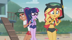 Size: 3410x1920 | Tagged: safe, imported from derpibooru, screencap, sci-twi, sunset shimmer, timber spruce, twilight sparkle, equestria girls, equestria girls series, unsolved selfie mysteries, bare shoulders, beach, beach shorts swimsuit, belly button, clothes, dive mask, female, geode of empathy, geode of telekinesis, glasses, goggles, high res, jewelry, lifeguard timber, magical geodes, male, necklace, one-piece swimsuit, open mouth, sleeveless, sunset shimmer's beach shorts swimsuit, swimsuit