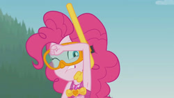 Size: 3410x1920 | Tagged: safe, imported from derpibooru, screencap, pinkie pie, equestria girls, equestria girls series, unsolved selfie mysteries, armpits, bare shoulders, clothes, dive mask, female, geode of sugar bombs, goggles, high res, jewelry, magical geodes, musical instrument, necklace, one eye closed, one-piece swimsuit, sleeveless, snorkel, solo, swimsuit