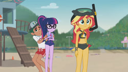 Size: 3410x1920 | Tagged: safe, imported from derpibooru, screencap, sci-twi, sunset shimmer, timber spruce, twilight sparkle, equestria girls, equestria girls series, unsolved selfie mysteries, bare shoulders, beach, beach shorts swimsuit, belly button, clothes, dive mask, female, geode of empathy, geode of telekinesis, glasses, goggles, high res, jewelry, lifeguard timber, magical geodes, male, necklace, one-piece swimsuit, sci-twi swimsuit, sleeveless, snorkel, sunset shimmer's beach shorts swimsuit, swimming trunks, swimsuit, trio