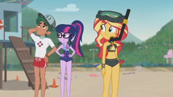 Size: 3410x1920 | Tagged: safe, imported from derpibooru, screencap, sci-twi, sunset shimmer, timber spruce, twilight sparkle, equestria girls, equestria girls series, unsolved selfie mysteries, :/, arm behind head, bare shoulders, beach, beach shorts swimsuit, belly button, blushing, clothes, dive mask, female, geode of empathy, geode of telekinesis, glasses, goggles, hand on hip, high res, jewelry, lifeguard timber, magical geodes, male, necklace, one-piece swimsuit, puckered lips, sleeveless, snorkel, sunset shimmer's beach shorts swimsuit, swimsuit, twilight sparkle is not amused, unamused, whistling