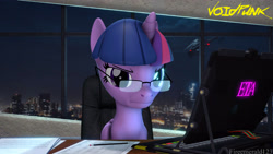 Size: 3840x2160 | Tagged: safe, artist:fireemerald123, imported from derpibooru, twilight sparkle, alicorn, 3d, city, cityscape, computer, eta, glasses, helicopter, high res, night, office, pencil, source filmmaker, twilight sparkle (alicorn), voidpunk, watermark, window