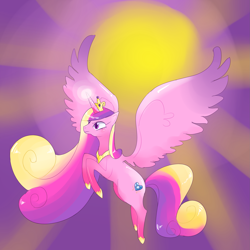 Size: 2449x2449 | Tagged: safe, artist:buu, imported from derpibooru, princess cadance, alicorn, pony, big mane, female, flying, high res, jewelry, large wings, mare, peytral, regalia, solo, spread wings, sun, wings