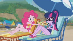 Size: 3410x1920 | Tagged: safe, imported from derpibooru, screencap, pinkie pie, sci-twi, twilight sparkle, equestria girls, equestria girls series, friendship math, bare shoulders, barefoot, beach, beach chair, book, chair, clothes, feet, female, geode of sugar bombs, geode of telekinesis, glasses, high res, jewelry, magazine, magazine cover, magical geodes, necklace, one-piece swimsuit, open mouth, ponytail, sandals, sleeveless, smiling, swimsuit, umbrella