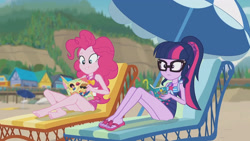 Size: 3410x1920 | Tagged: safe, imported from derpibooru, screencap, pinkie pie, sci-twi, twilight sparkle, equestria girls, equestria girls series, friendship math, bare shoulders, barefoot, beach, beach chair, book, chair, clothes, duo, feet, female, geode of sugar bombs, geode of telekinesis, glasses, high res, huh, jewelry, magazine, magazine cover, magical geodes, necklace, one-piece swimsuit, ponytail, sandals, sleeveless, smiling, swimsuit, umbrella